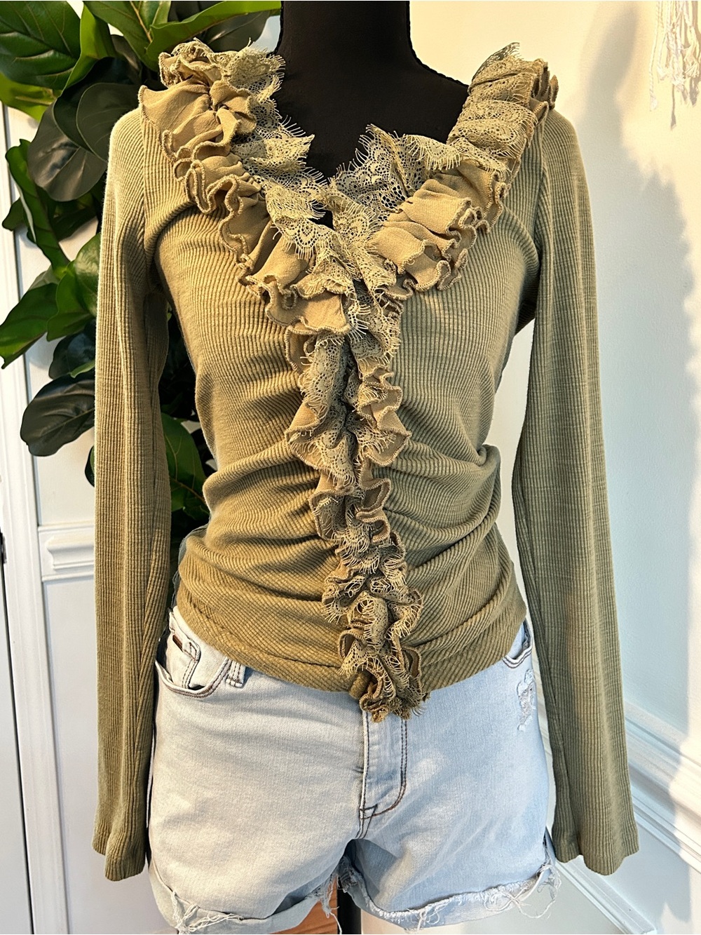 Anthropologie Olive Green Ruffle-Trim Long Sleeve Top